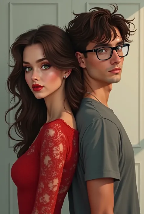 a beautiful girl with brown hair, green eyes, red lips, a beautiful figure, she is in a red lace dress standing back to back with a guy who is a nerd, wearing glasses, he is not handsome in a gray large T-shirt
