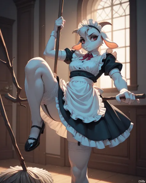 spooky furry female goat , maid clothes , glamorous , garter , Dimly lit room ,mop , Stick fighting , knee up