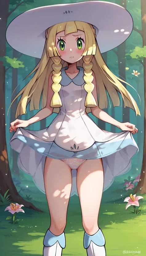 score_9, score_8_up, score_7_up, score_6_up,
1girl, solo, lillieuai, lillie (pokemon), 1lillie1, adult body, blonde hair, green eyes, long hair, 2default2, twin braids, white sunhat, white dress, short dress, sleeveless, knee boots, thighs, outdoor, forest...