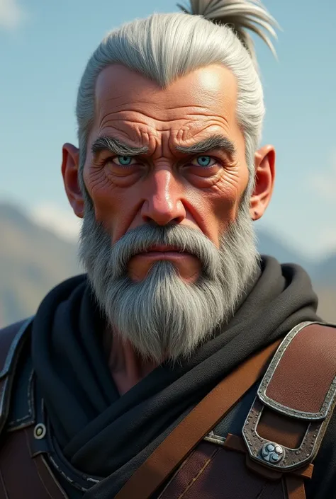 male senior warrior, blue-grey eyes,  white hair, no beard, shaved,  simple background , concept art, disney pixar style, portrait,  Photorealistic