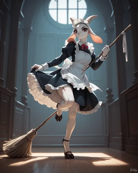 spooky furry female goat , maid clothes , glamorous , garter , Dimly lit room ,mop , Stick fighting , knee up