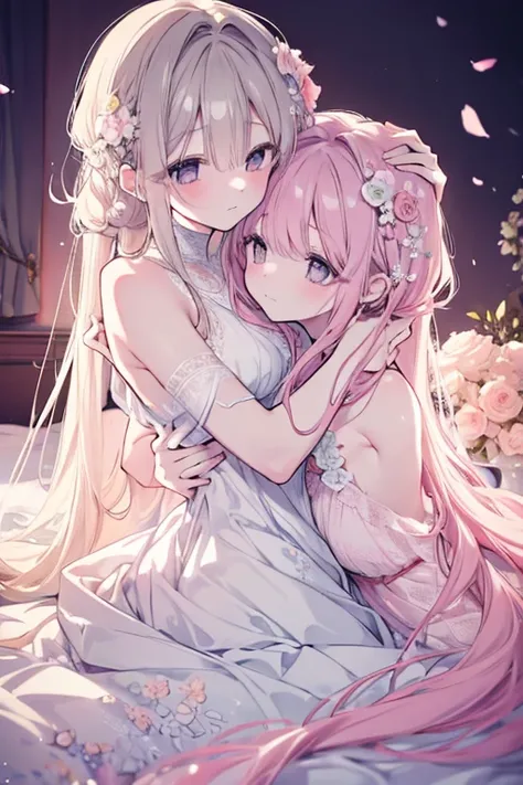 a romantic couple in an intimate embrace, long flowing hair, soft lighting, detailed facial features, tender expressions, warm atmosphere, intimate moment, delicate floral accents, dreamlike, pastel color palette, beautifully detailed, cinematic, masterpie...