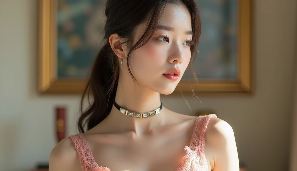 un primer plano de una mujer con un vestido ro sa con un collar, Blackpink Jennie, Jossi de Bla ckpink, Heonhwa Choe, Jinyoung Shin, Parque Roseanne de Blackpink, Sun Yunjoo, Taejune Ki m, usando gargantilla, Parque Ji-min, Retrato d e Jossi de Blackpink, ...