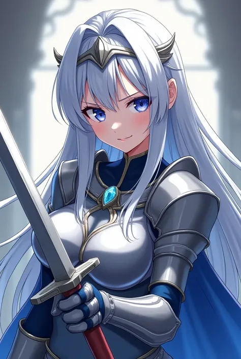 1 Anime girl, sexy 25 years old anime girl, wear blue white armor, wear a silver tiara with a diamond on it, long silver hair,  gorgeous, elegant, beautiful face, petite body, big boobs, body(body heigth:160cm), mature face, smirking smile, mocking smile, ...