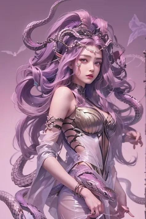 (Medusa), (Beautiful Tragic Queen), (Beautiful hair turns into a poisonous snakes), (Whole body), (simple background)、(plain background)、(best quality , Masterpiece, high resolution)、