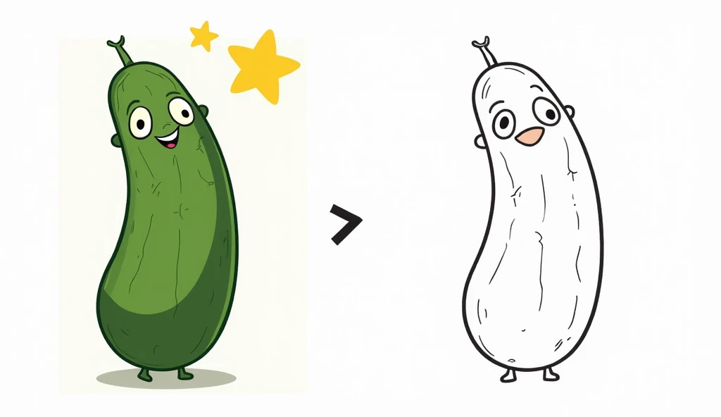 Generate an image with a colored illustration of 'curious cucumber' on the left side, and the same illustration in a black-and-white outline on the right side. Include 'long shape, big eyes, and little bumps' to enhance the image. Both sections should have...