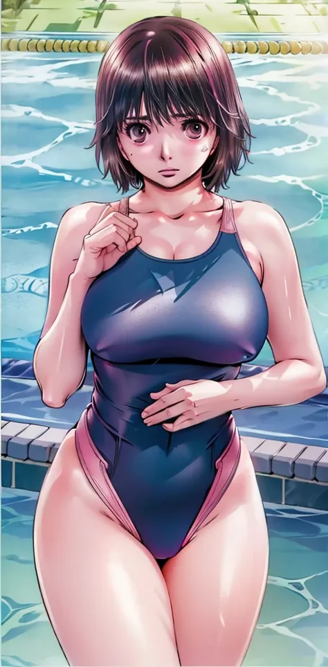 A beautiful woman with boyish, short hair, big breasts and beautiful legs is standing by the pool blushing in a bright pink swimsuit with an arena mark on her right chest。