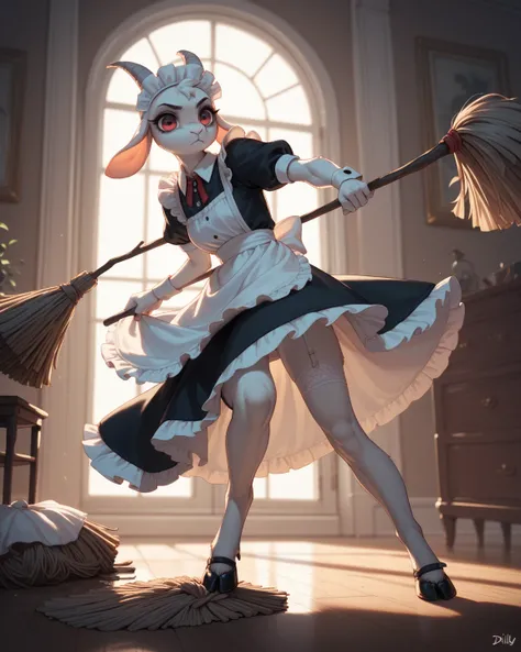 spooky furry female goat , maid clothes , glamorous , garter , Dimly lit room ,mop , Stick fighting , knee up