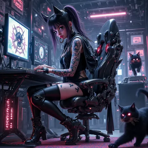  Anime screenshot , Full body, A female gothic punk, That plays a perfect gaming room. Two cats are running in the background