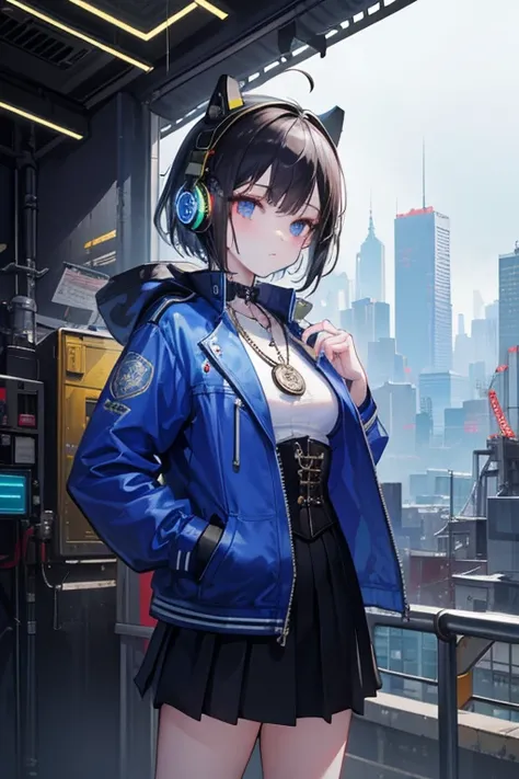 (masterpiece, high quality) young woman, cyberpunk aesthetic, short black hair, slightly longer bangs, (headphone on head), brass and gears corset, light blue jacket, skirt, small attached bags, holding pocket watch, surrounded by future gadget, cityscape ...