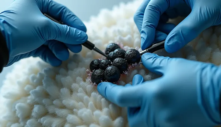 "A photorealistic close-up of two scientists' hands, wearing black and blue gloves, carefully removing a cluster of black spherical growths from the polar bear's fur. The growths appear glossy and slightly frosted, with sharp details of the fur and ice cry...