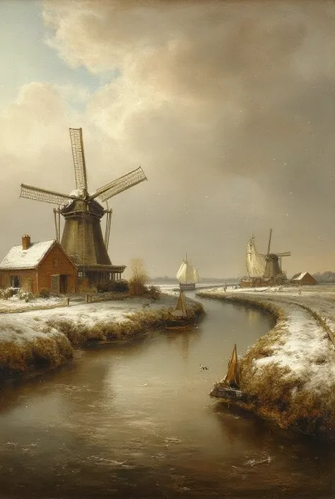 Snowy 17h century dutch landscape , windmills, canals , sailing shios