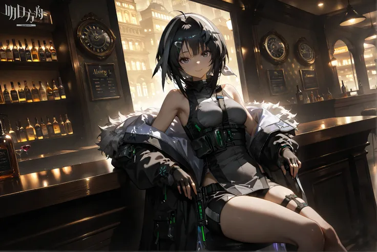 female,(((alone)))la pluma (arknights),1girl,solo,black hair,fur trim,,short hair,shorts,e,gloves,black shorts,black eyes,bare shoulders,off shoulder,thigh strap,black coat,fingerless gloves,ahoge,bangs,white hairband,coat,weapon,fur-trimmed coat,sleeveles...