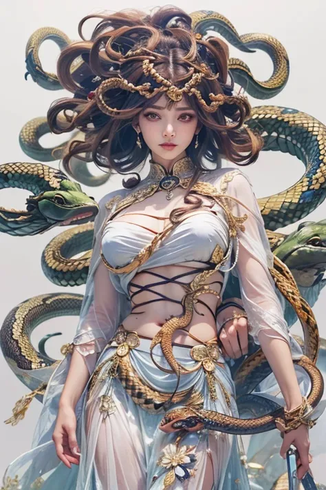 (Medusa), (Beautiful Tragic Queen), (Beautiful hair turns into a poisonous snakes), (Whole body), (simple background)、(plain background)、(best quality , Masterpiece, high resolution)、