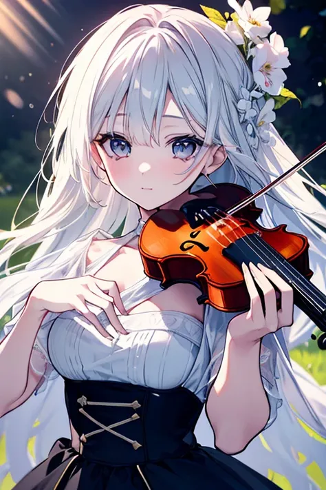 A beautiful girl playing violin in a serene, sunlit meadow, detailed portrait, vibrant colors, cinematic lighting, detailed facial features, elegant dress, flowing hair, peaceful expression, (best quality,4k,8k,highres,masterpiece:1.2),ultra-detailed,(real...