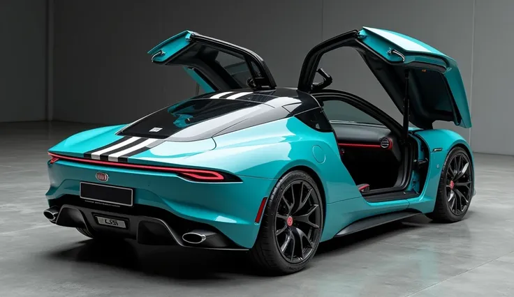 Back  side view  "A  teal blue  2025  Fiat 850 sports car with its doors open, showcasing the detailed interior. The car has a sleek, aerodynamic design with a low profile and sharp angles. The  back  side view  of the car is predominantly white, featuring...