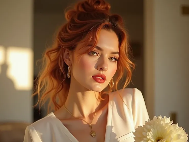 (( best quality )), (( masterpiece)), ( detailed ), ( realistic ), gold ,modern und luxurious, weiss , gold,   beautiful woman,  black, gold, weiss, red full lips, Orange bun hair , very modern, gold jewelry, sexy,  very aesthetic, in luxus apartment,  in ...