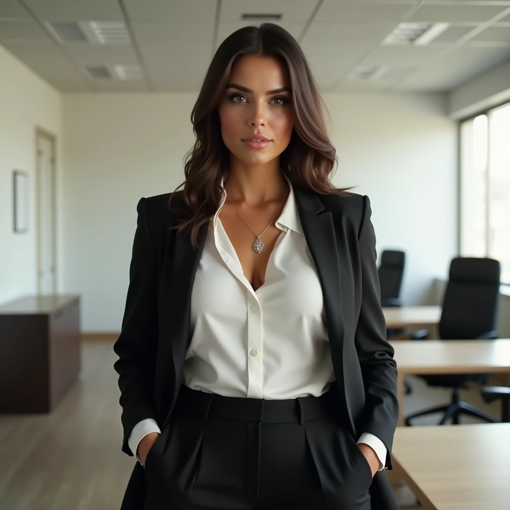 A beautiful 35-year-old girl with large breasts in waist-length office clothes
