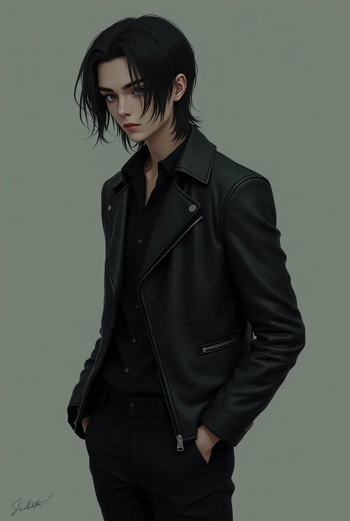 Liam is a mysterious boy who doesn't smile, he has long black hair, he is dressed in a black leather jacket, black pants and black boots., please semi realistic animation, half body