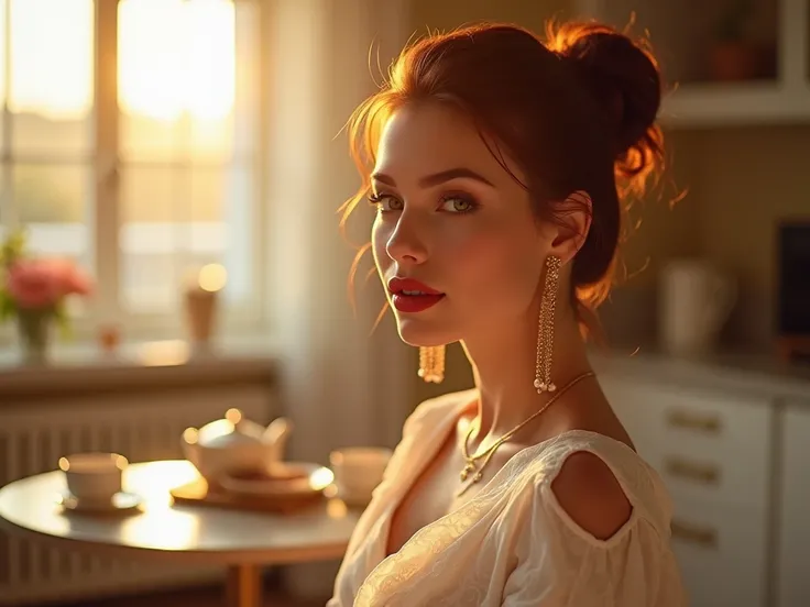 (( best quality )), (( masterpiece)), ( detailed ), ( realistic ), gold ,modern und luxurious, weiss , gold,   beautiful woman,  black, gold, weiss, red full lips, Orange bun hair , very modern, gold jewelry, sexy,  very aesthetic, in luxus apartment,  in ...