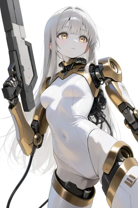 (highest quality, background detail), highest quality, original detailed dynamic art, (golden eyes), image from waist up, inorganic expression, inorganic gaze, detailed mechanical joints, reinforced exoskeleton, white leotard, white skin, gray hair, long h...