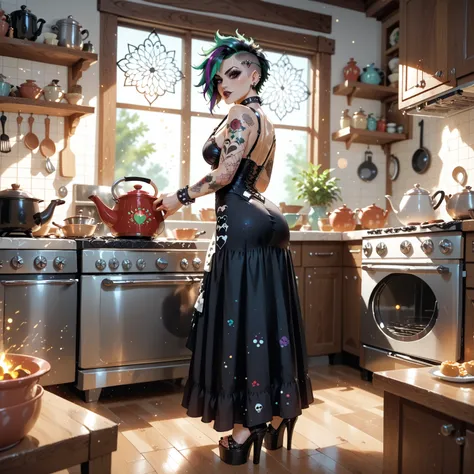 Screenshot,  sexy full body , A female gothic punk very sexy and erotic, Which blow with a kettle with magical colorful particles and gas, That emerges from the boiler ,Cook in the kitchen