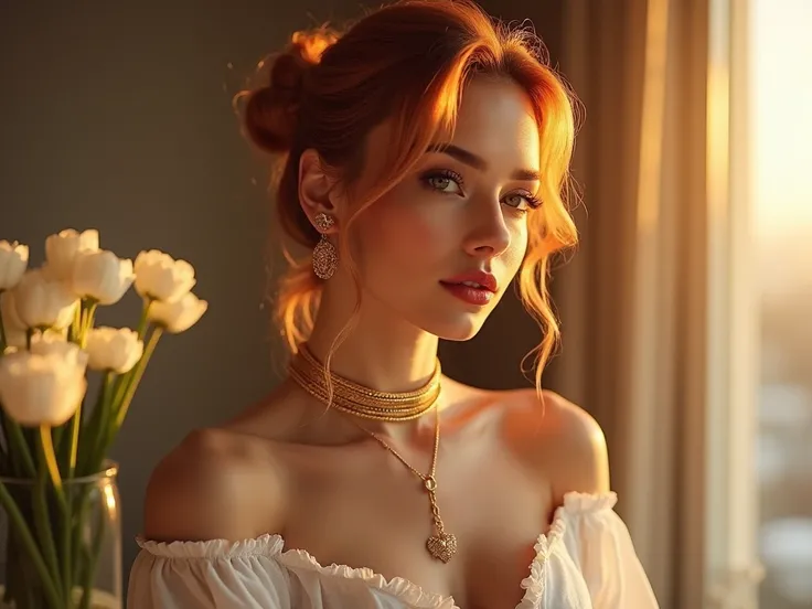 (( best quality )), (( masterpiece)), ( detailed ), ( realistic ), gold ,modern und luxurious, weiss , gold,   beautiful woman,  black, gold, weiss, red full lips, Orange bun hair , very modern, gold jewelry, sexy,  very aesthetic, in luxus apartment,  in ...