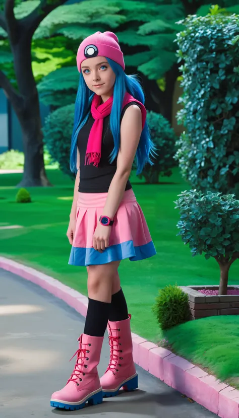  1girl , dawn \( Pokemon \), long hair, blue hair,  blue eyes, beanie, black sleeveless shirt, pink scarf, pink skirt, pink boots, red watch,  photos,8k,3d,live-action, best quality