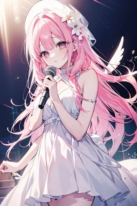 beautiful woman with angelic voice, wearing a white dress, surrounded by dazzling light, singing with a melancholy beauty, long pink hair