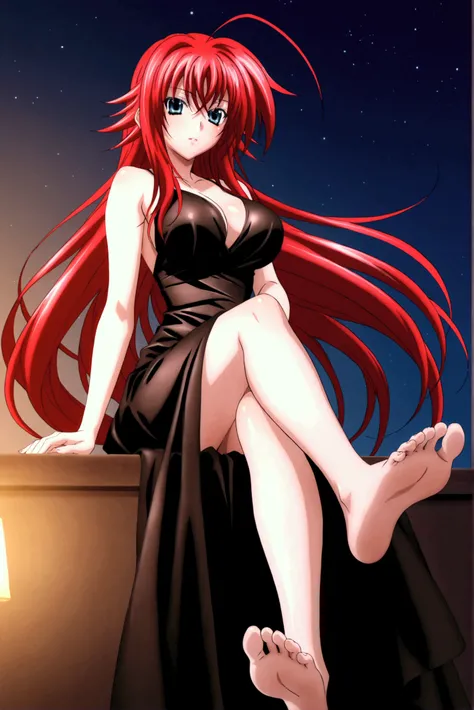 rias gremory, huge ahoge, long hair, showing soles, 5 toes