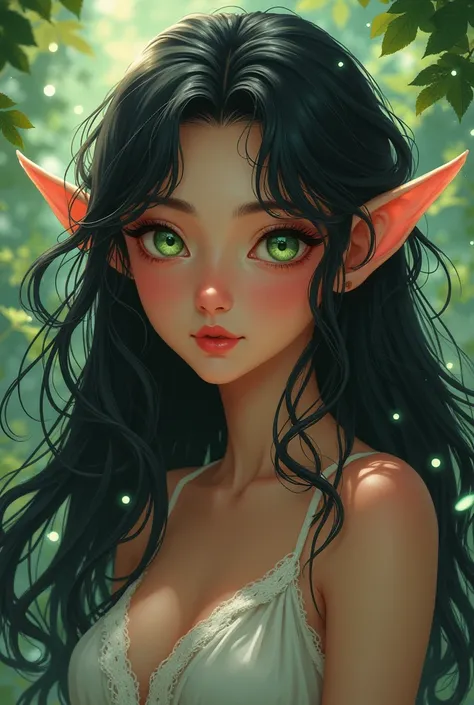 Girl, in her 20s, black wavy long hair, tanned brown skin, with green eyes, elf like ears. make her a bit mystical. Anime style