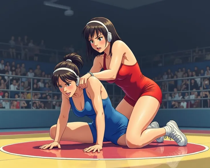 ultra detail, anime style. Match from the nineties . a female in a blue freestyle wrestling singlet is on all fours in the center of the mat, and a female in a red freestyle wrestling singlet is holding it from behind