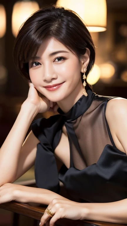 masterpiece,  best quality,  is present,  very detailed, Delicate details,  high resolution,  8k wallpaper,  A woman with a beautiful smile, Wear a fine black silk shirt,  at a great restaurant, At night, short haircut,  perfect dynamic composition,  beaut...