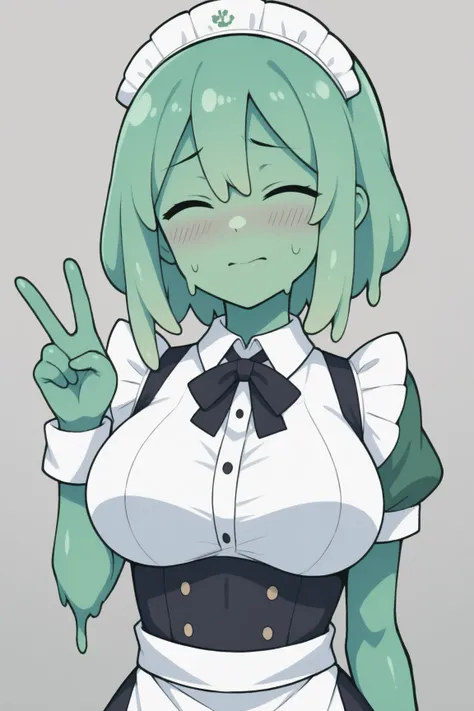 Upper body, 1girl, solo, slime girl, green skin, skinny body, large breasts, v, shy, closed eyes, maid