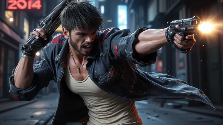 "Create a rebellious male character inspired by Nines Rodriguez, mid-combat in a dynamic and hostile pose. He has short, tousled dark hair, a sharp jawline, a trimmed goatee, and glowing, defiant eyes. Dressed in a worn dark denim jacket with red and blue ...