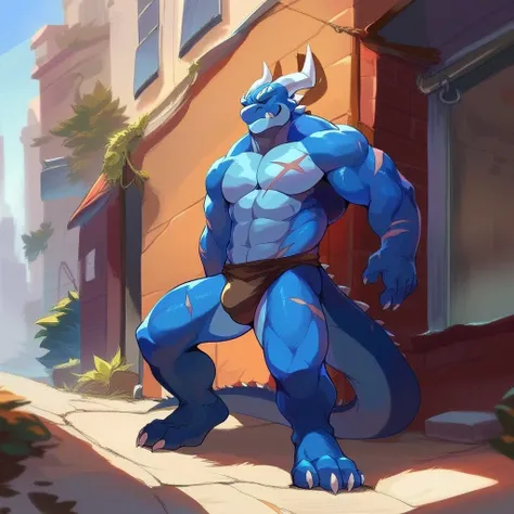 score_9, score_8_up, score_7_up, score_6_up, furry, male, anthro, bara, full body, muscular, in the alleyway, tail, dragon, detailed background, by negger, by null-ghost, 4 toes, idling, front view, naked, legs spread, blue body, few body scars, eyes close...