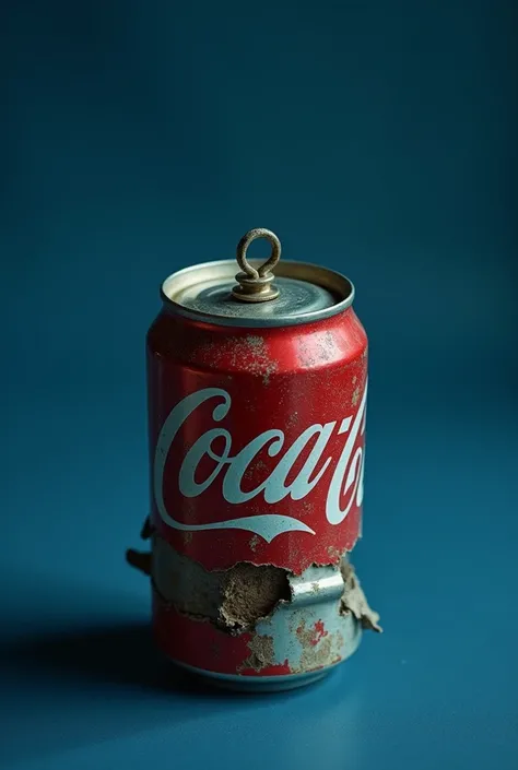 a cinematic shot of a broken tin can coca half cut metal tin lid with a ring on, on navy blue studio background, full HD, taken on a Canon EOS R5 F1.2