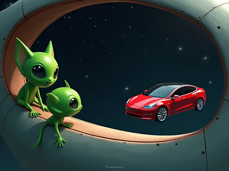 From the window of a spaceship, small green aliens look at a red convertible Tesla car orbiting in space.