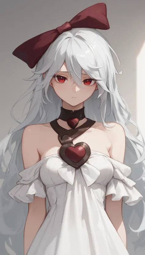 score_9, score_8_up, score_7_up, sinestrea, 1girl, white hair, bare shoulders, white dress, frown hair bow, long hair, heart brooch, medium breasts, hair bow, ribbon, red eyes,Bedroom