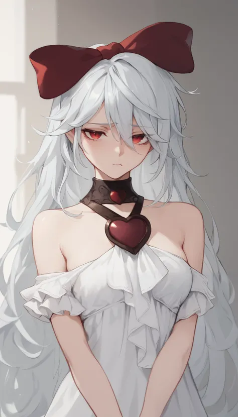 score_9, score_8_up, score_7_up, sinestrea, 1girl, white hair, bare shoulders, white dress, frown hair bow, long hair, heart brooch, medium breasts, hair bow, ribbon, red eyes,Bedroom