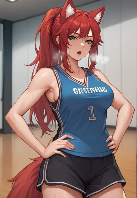 score_9, score_8_up, score_7_up, best quality, clear face, 1girl, solo, red hair, long hair, green eyes, medium breasts, outdoor, cowboy shot, looking at viewer, wolf ears, wolf tail, hair tied into a ponytail, blue tanktop, inside gym, standing, cowboy sh...