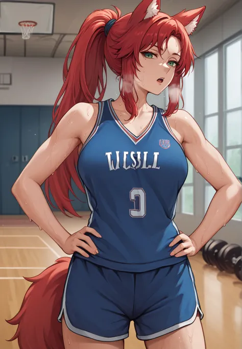 score_9, score_8_up, score_7_up, best quality, clear face, 1girl, solo, red hair, long hair, green eyes, medium breasts, outdoor, cowboy shot, looking at viewer, wolf ears, wolf tail, hair tied into a ponytail, blue tanktop, inside gym, standing, cowboy sh...