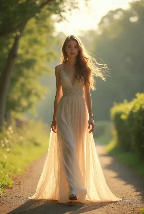 A beautifull girl .age is 23 year and wear a full dress walking style in road