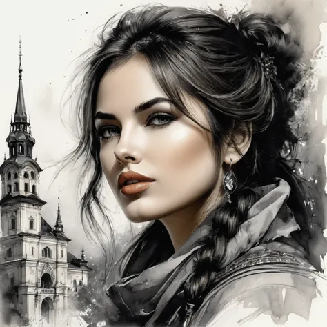 work of art, best qualityer, just a very beautiful Romanian woman in fashion design clothes, ink painting style, Brasov landmark in Romania, perfect poses, 
subdued colors, soft strokes, low angle, ink painting in the style of artists such as Russ Mills, s...