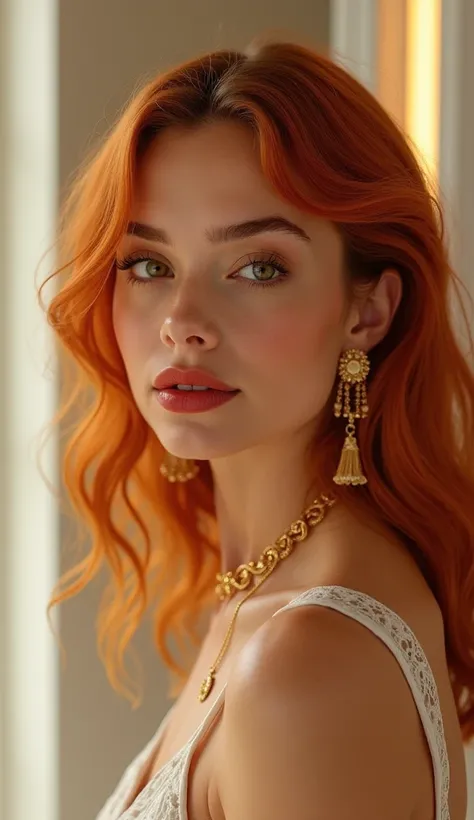 (( best quality )), (( masterpiece)), ( detailed ), ( realistic ), gold ,modern und luxurious, weiss , gold,   beautiful woman,  black, gold, weiss, red full lips, Orange wavy hair , very modern, gold jewelry, sexy,  very aesthetic, in bathroom , SelfCare ...