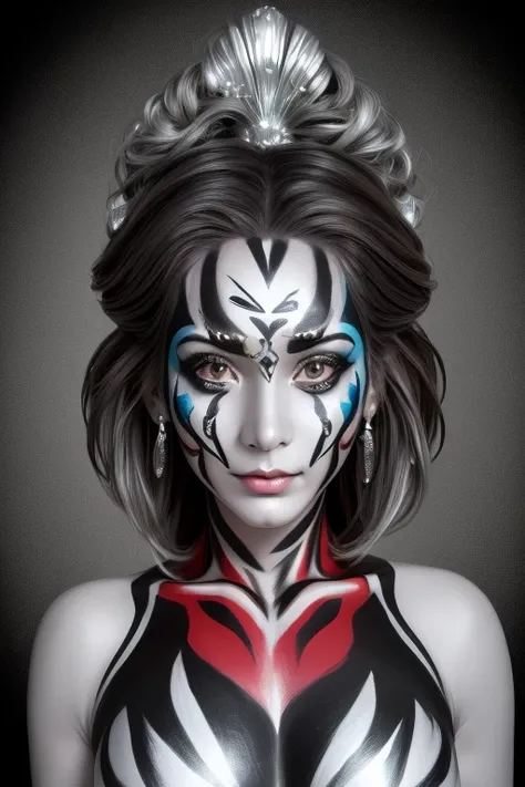 goddess, Front image, ( BLACK AND WHITE DOUBLE LINE CHECK BODY PAINT:1.3), (Red and Silver Tribal Body Paint and Face Paint    :1.4), ( silver face paint:1.2), (Full body silver paint ),  Silver Hair, Asymmetric pattern , Picture above waist ,  big breasts...