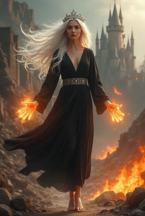 A beautiful goddess,long hair as white as snow whipping behind her, adorned by a crown that shimmered with diamonds, swirling silver eyes,a black tunic that flowed over her hourglass figure,she is levitating over a city in ruins and consumed by flames ,she...