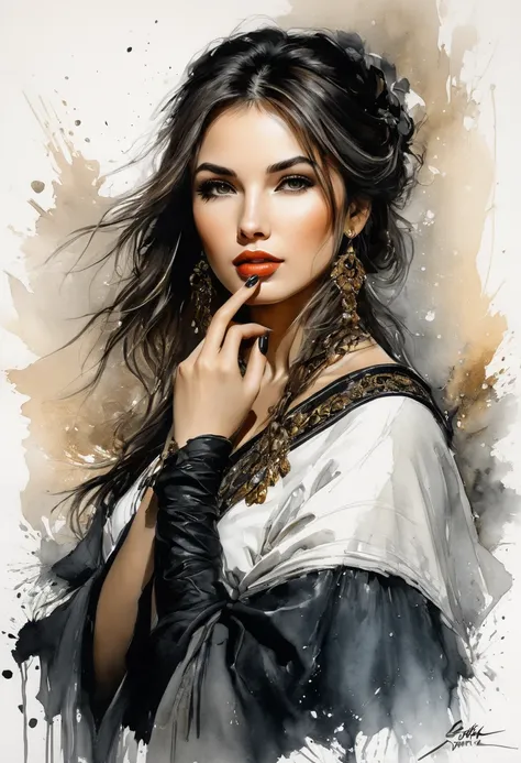 work of art, best qualityer, just a very beautiful Bulgarian woman in fashion design clothes, ink painting style, Sofia landmark in Bulgaria, perfect poses, 
subdued colors, soft strokes, low angle, ink painting in the style of artists such as Russ Mills, ...