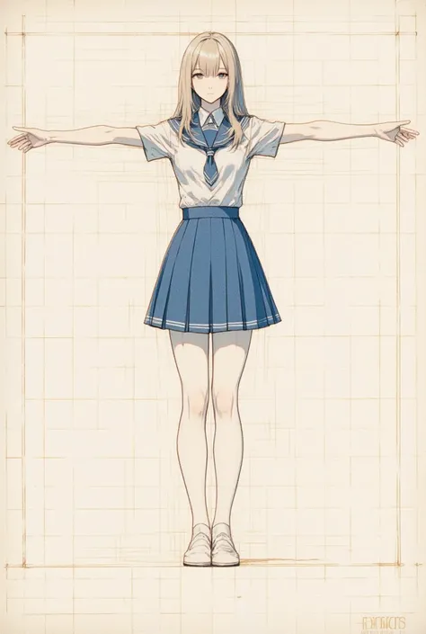 (masterpiece, best quality),Instructions. Blueprint. A girl wearing a high school uniform is drawn on graph paper. A painting of a girl with her arms outstretched, posing like a Vitruvian human figure.