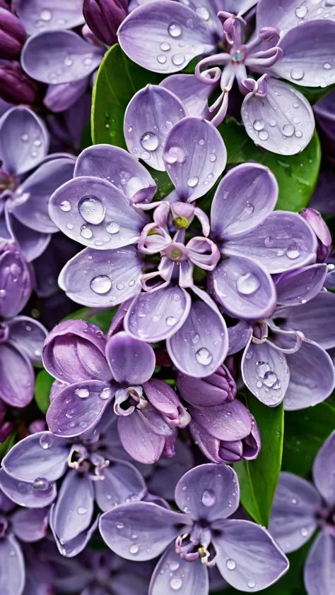 Photograph of lilac flowers seen from above but close. The petals have raindrops